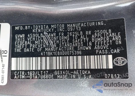 2013 Toyota Avalon Premium/Touring/Limited from USA, damaged, VIN 4T1BK1EBXDU075396